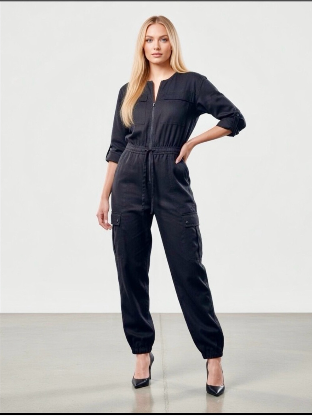 Athleta Celestial Utility Jumpsuit Black M Long Sleeve Crew Neck Tapered Leg NWT
